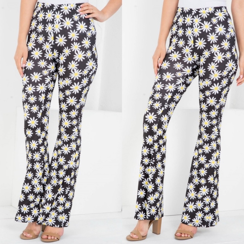 Floral Black and White Women's Bell Bottom Pants - Picture 5 of 8